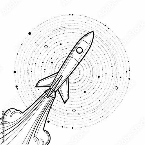 Stylized rocket launch illustration with cosmic vortex background in black and white