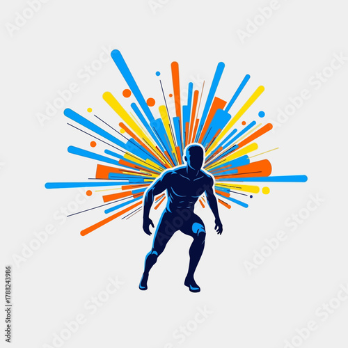 Dynamic figure surges forward amid a vibrant explosion of energetic lines, demonstrating movement