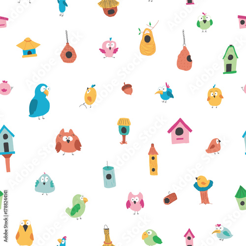 Cute birds and their birdhouses seamless pattern. Cute Cartoon birds background. Vector Illustration