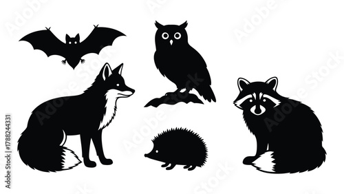 Forest animals silhouettes collection isolated on white background, Vector