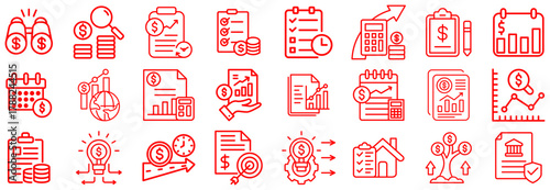 Red Finance and Business Icons Set with Dollar Signs and Charts