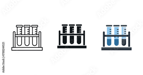 Laboratory test tubes icon set in black, white, and blue color variations