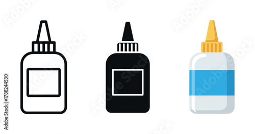 Set of glue bottles: outline, solid, and colored variations
