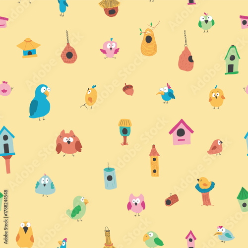 Cute birds and their birdhouses seamless pattern. Cute Cartoon birds background. Vector Illustration