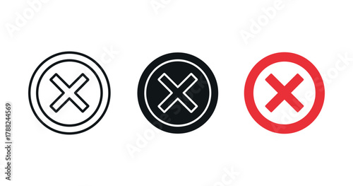 Set of three circular cross icons in black and red variations