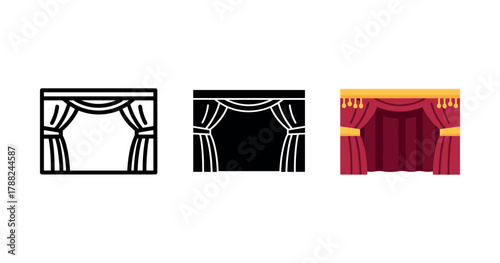 Theater stage curtains in three styles: outline, silhouette, and colorful illustration
