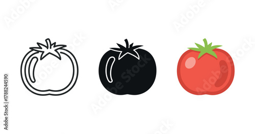 Tomato icons set: outline, silhouette, and colorful design variations