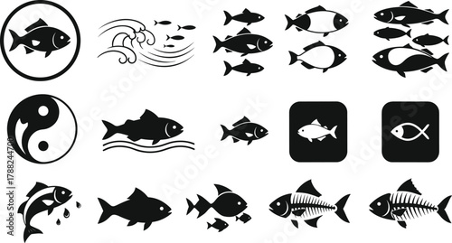 Fish icon, aquatic symbol, marine life, ocean graphic, skeleton, school, cad drawing flat vector illustration