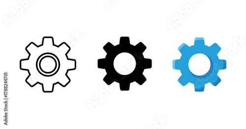 Set of three gear icons: outline, solid, and blue 3d styles