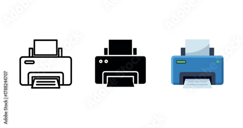 Printer icons set: outline, silhouette, and color variations