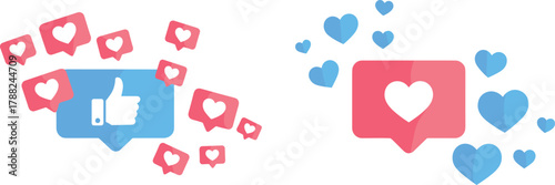 Social media engagement icons, thumbs up and heart symbols, digital interaction bubbles, online popularity concept, UI design, vector illustration