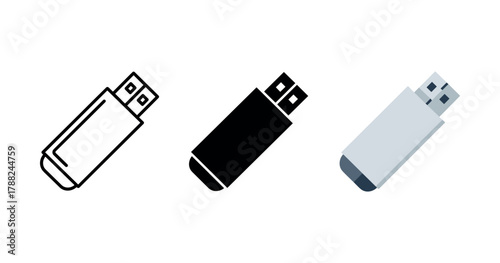 Usb flash drive icons in outline, solid, and colored styles