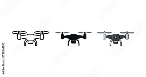 Set of drone icons in linear, solid, and flat styles on white background