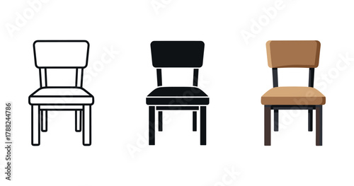 Minimalist chair icons: outline, silhouette, and full color variations