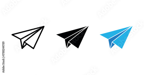 Paper airplane icons: outline, solid black, and blue variants on white background