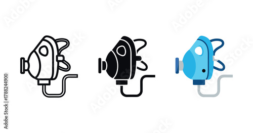 Medical breathing mask icons in line, solid, and color styles