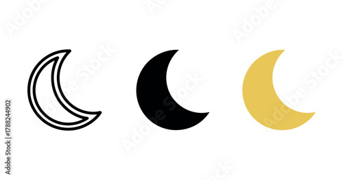 Minimalist crescent moon icons in black, gold, and outline styles