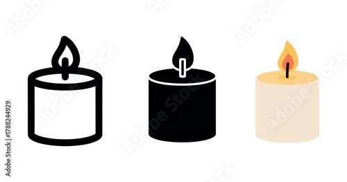 Three candle icons: outline, silhouette, and colored variants on white background