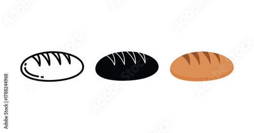 Stylized bread icons: outline, silhouette, colored illustrations on white background