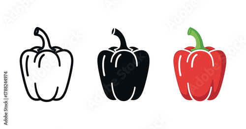 Three bell peppers: outline, silhouette, and colorful red pepper illustration