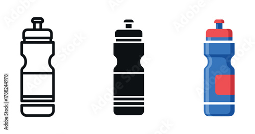 Set of water bottles in line art, silhouette, and colored design