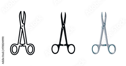 Three variations of medical scissors: outline, silhouette, and realistic