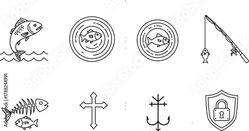 Fish icon, faith symbol, fishing graphic, aquatic design, spiritual element, cad drawing flat vector illustration