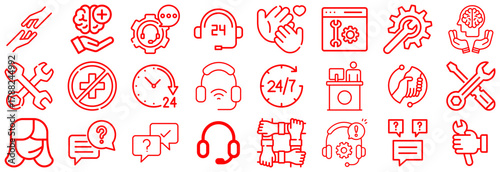 Red Line Icons Representing Customer Support and Technical Assistance