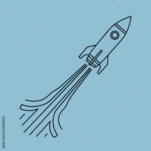 Simple rocket launch illustration against a serene blue backdrop emphasizing minimalist design and