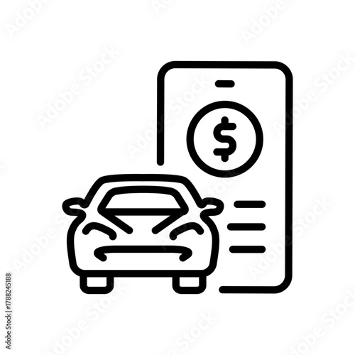 Car and rental outline icon. Covers vehicle hire, transport services, road trips, navigation, fuel, maintenance, and car-related logistics.