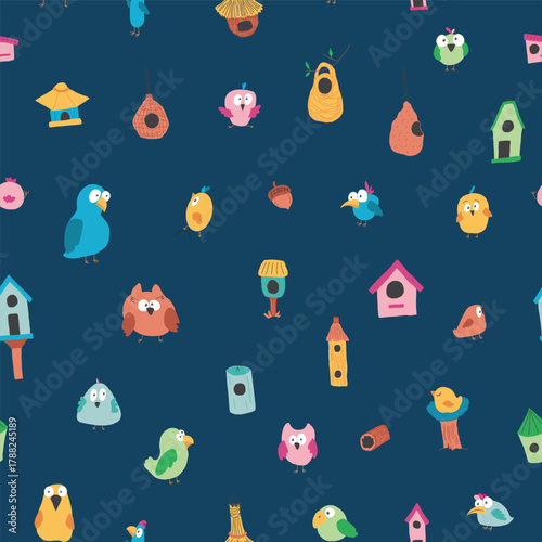 Cute birds and their birdhouses seamless pattern. Cute Cartoon birds background. Vector Illustration