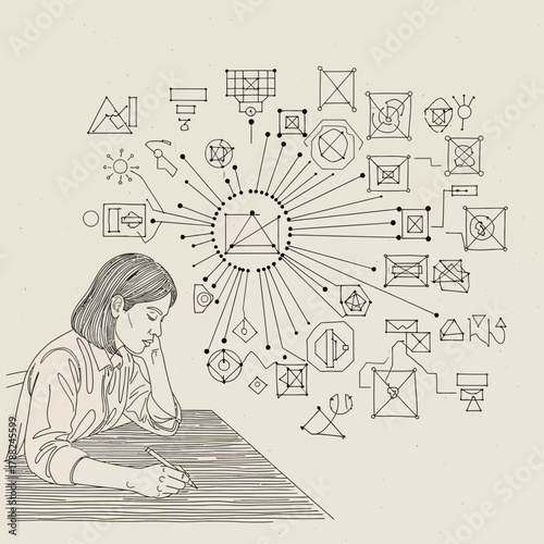 Woman at desk pondering complex network of interconnected abstract graphical elements