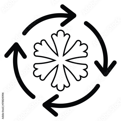 Black outline icon featuring a detailed snowflake centered within four rotating circular arrows. Represents cooling, recirculation, freezing cycle, or air conditioning system settings. Isolated vector