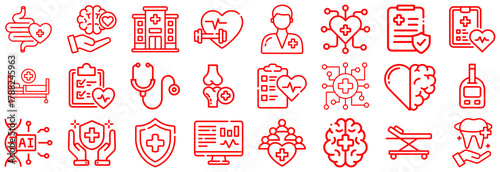 Red Medical and Healthcare Icons Set on White Background