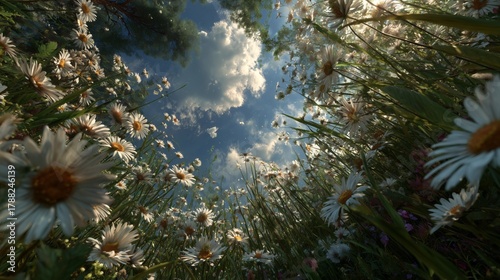 Looking Up Through a Field of Daisies to a Sunny Sky, Peaceful Nature Perspective from the Ground
