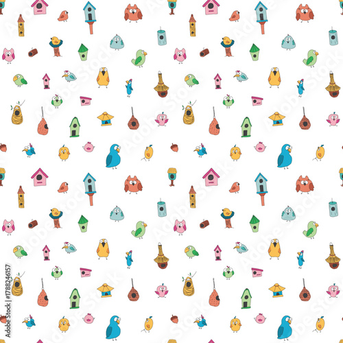 Cute birds and their birdhouses seamless pattern. Cute Cartoon birds background. Vector Illustration