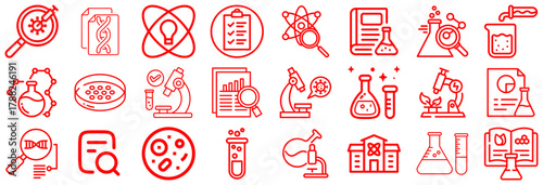 Red Science and Research Icons Microbes, DNA, and Labs