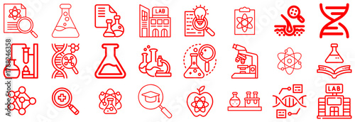 Science and Research Icons Lab Equipment, DNA, and Atoms