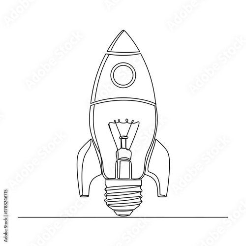 Innovation takes flight: a minimalist line drawing of a rocket infused with a lightbulb inspiration