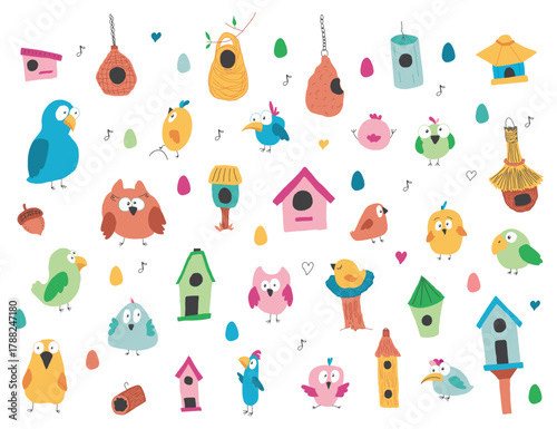 Cute birds collection, cartoon birds and birdhouses set. Vector illustration.