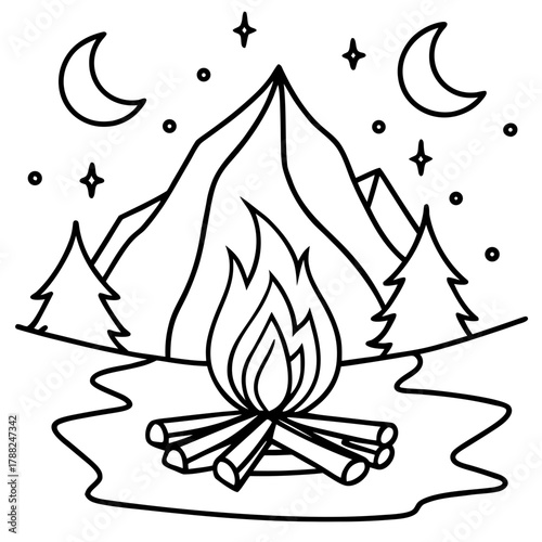 Campfire under the moonlit mountain sky
