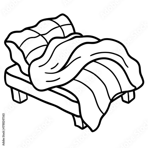 Simple line drawing of a bed with blanket and pillow