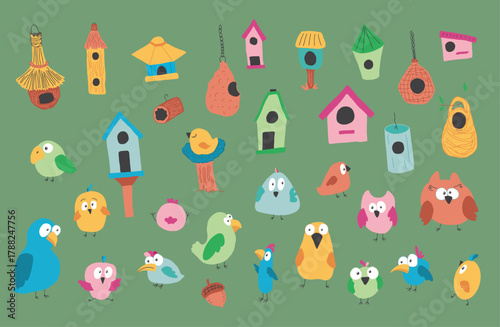 Cute birds collection, cartoon birds and birdhouses set. Vector illustration.