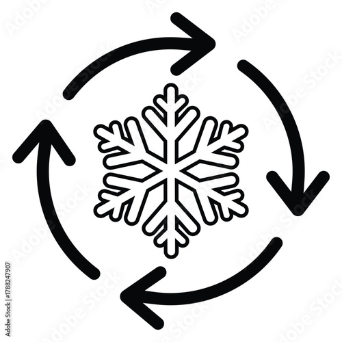 Black outline icon featuring a detailed snowflake centered within four rotating circular arrows. Represents cooling, recirculation, freezing cycle, or air conditioning system settings. Isolated vector