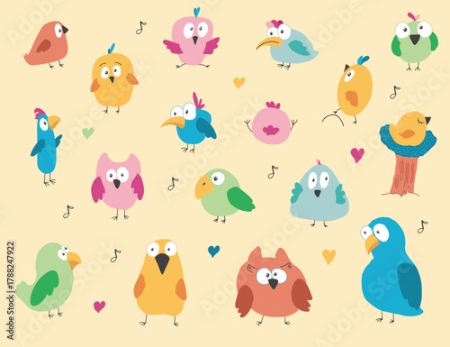 Cute birds collection, cartoon birds set. Vector illustration