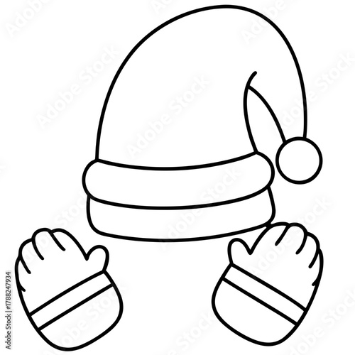 Simple outline of a santa hat and mittens