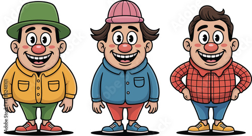 Three happy cartoon men with red noses and big smiles, wearing various hats and casual clothing.