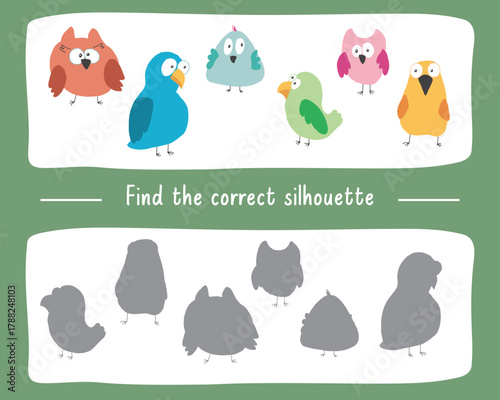 Matching game for children with cute birds, Logical activities for kids, match the birds with silhouette. Vector illustration