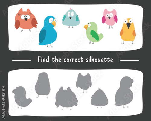 Matching game for children with cute birds, Logical activities for kids, match the birds with silhouette. Vector illustration