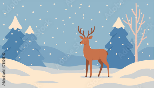 Deer in Snowy Winter Forest – Pastel Modern Flat Design Illustration